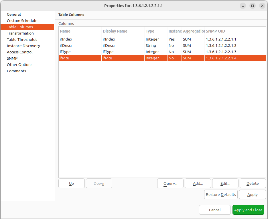 Table Columns configuration